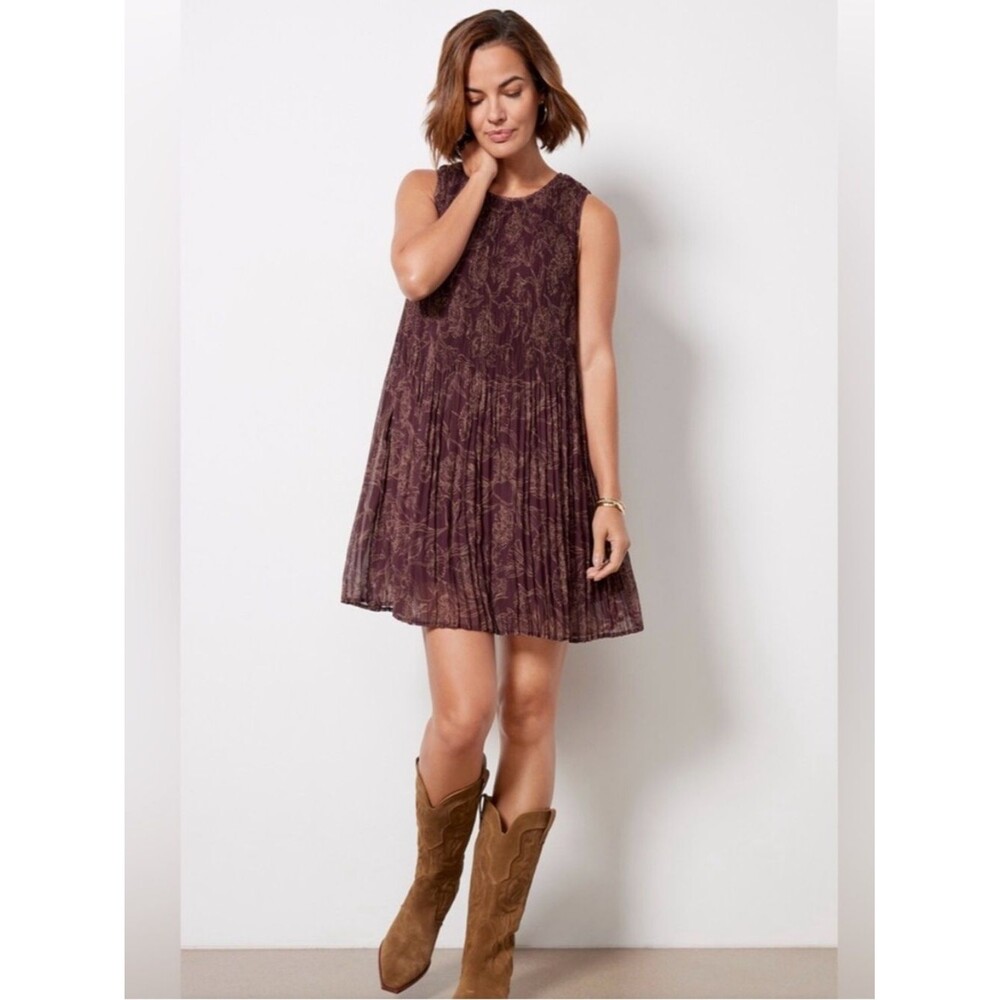 Evereve Plum Patterned A-Line Pleated Mini Dress Women's Size L